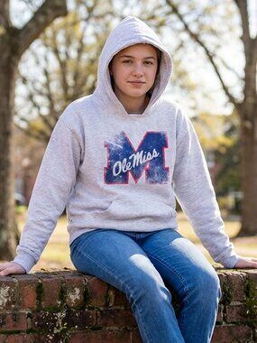 Ole Miss distressed Big M vintage Youth Rugger Hoodie GREY HEATHER